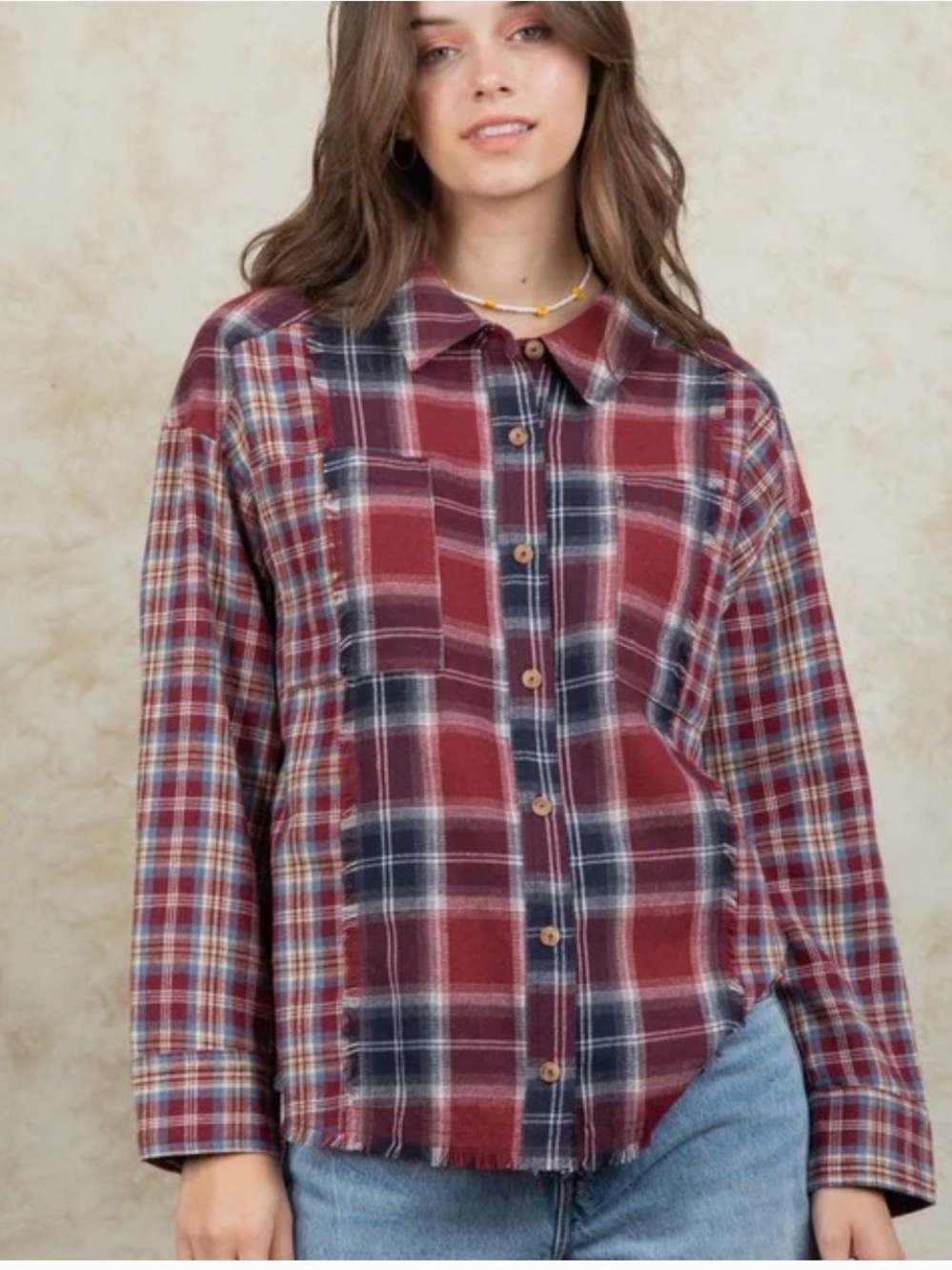 Nwot boutique wine  Mix Oversized Plaid
Button Down medium